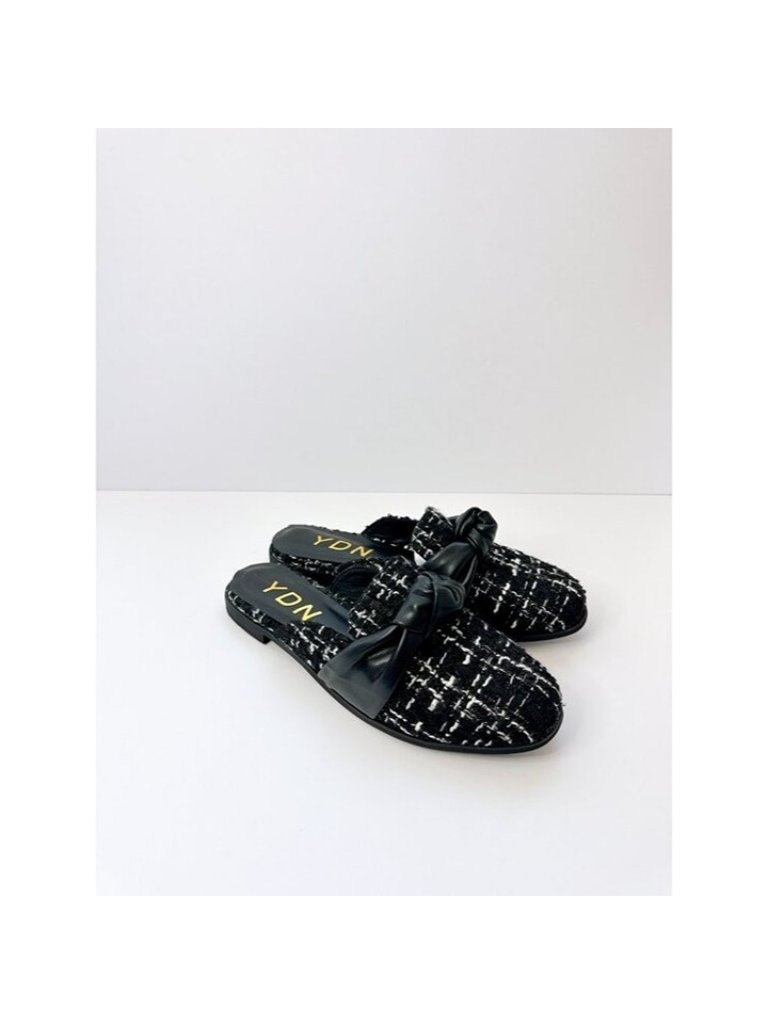 Size 9 Women’s Black Tweed Mules Knot Bow Slip-On Flats, Round Toe Low Hee Ydn